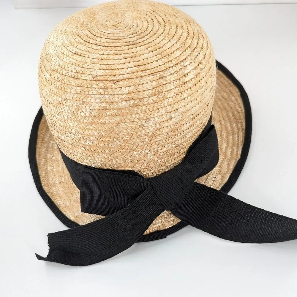 Tirabasso Italian Straw Wicker Black Bow Sun Hat Adjustable Kids Size Small/XS